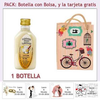 Botellita de Licor de Arroz con Leche con bolsa &ldquo;fashion con bicicleta&rdquo; y tarjeta
