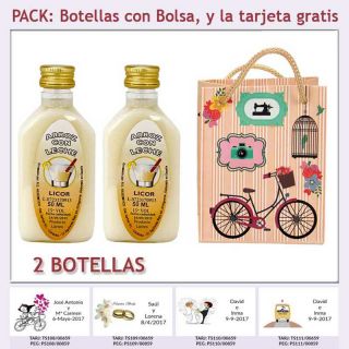 2 Botellitas de Licor de Arroz con Leche con bolsa &ldquo;fashion con bicicleta&rdquo; y tarjeta