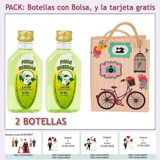 2 Botellitas de Licor de Finas Hierbas con bolsa &ldquo;fashion con bicicleta&rdquo; y tarjeta
