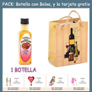 Botellita de Licor de Fresas con Chocolate con bolsa &ldquo;bodeg&oacute;n&rdquo; y tarjeta