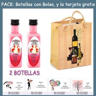 2 Botellitas de Licor de Fresas con Nata con bolsa &ldquo;bodeg&oacute;n&rdquo; y tarjeta