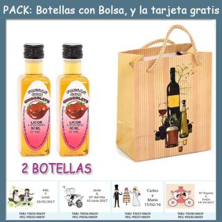 2 Botellitas de Licor de Fresas con Chocolate con bolsa &ldquo;bodeg&oacute;n&rdquo; y tarjeta