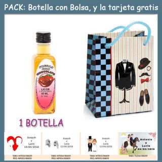 Botellita de Licor de Fresas con Chocolate con bolsa &ldquo;charlest&oacute;n&rdquo; y tarjeta