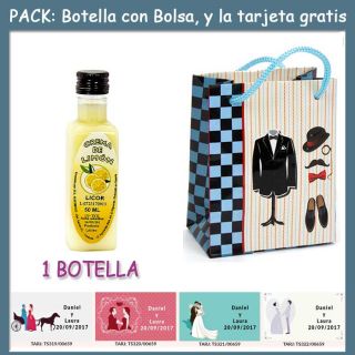 Botellita de Licor Crema de Lim&oacute;ncon bolsa &ldquo;charlest&oacute;n&rdquo; y tarjeta