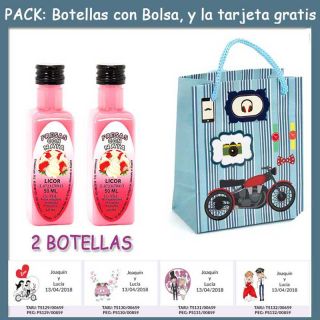 2 Botellitas de Licor de Fresas con Nata con bolsa &ldquo;con moto roja&rdquo; y tarjeta