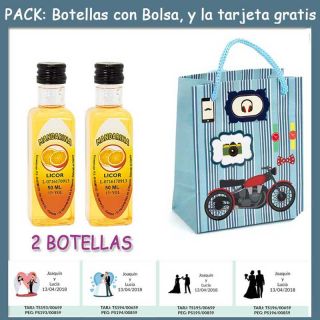 2 Botellitas de Licor de Mandarina con bolsa &ldquo;con moto roja&rdquo; y tarjeta