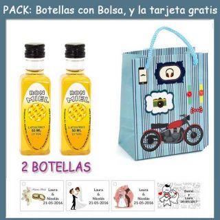 2 Botellitas de Ron Miel con bolsa &ldquo;con moto roja&rdquo; y tarjeta