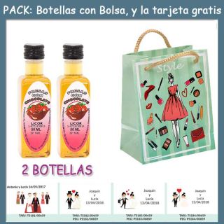 2 Botellitas de Licor de Fresas con Chocolate con bolsa &ldquo;fashion con mujer&rdquo; y tarjeta
