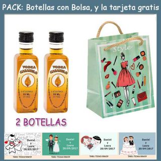 2 Botellitas de Vodka Caramelo con bolsa &ldquo;fashion con mujer&rdquo; y tarjeta