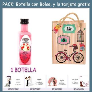 Botellita de Licor de Fresas con Nata con bolsa &ldquo;fashion con bici&rdquo; y tarjeta