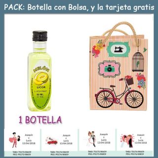 Botellita de Licor de Mel&oacute;n con bolsa &ldquo;fashion con bici&rdquo; y tarjeta
