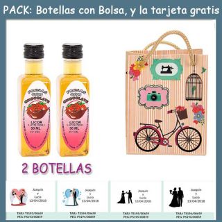 2 Botellitas de Licor de Fresas con Chocolate con bolsa &ldquo;fashion con bici&rdquo; y tarjeta