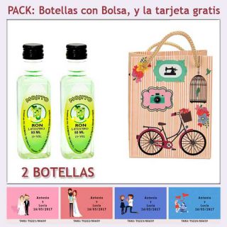 2 Botellitas de Ron Mojito con bolsa &ldquo;fashion con bici&rdquo; y tarjeta