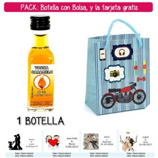 Botellita de Vodka Caramelo con bolsa &ldquo;con moto roja&rdquo; y tarjeta