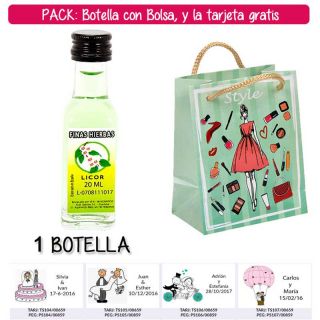Botellita de Licor de Finas Hierbas con bolsa &ldquo;fashion con mujer&rdquo; y tarjeta