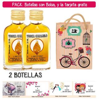 2 Botellitas Petaca de Vodka Caramelo con bolsa &ldquo;fashion con bici&rdquo; y tarjeta