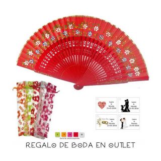 Pack de abanico rojo con flores y filo dorado, con bolsa y tarjeta