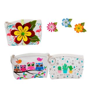 Monedero con cremallera buhos-flamencos-captus y flor de fieltro