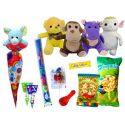 Bolsa caramelo de cono con golosinas y peluche