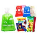 Mochila en colores surtidos con frases y con golosinas