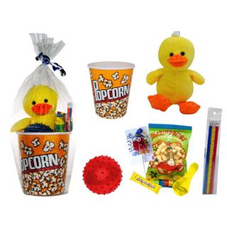 Palomitero popcorn con golosinas, balón de pinchos y peluche pato