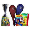 Raqueta de bádminton y funda con golosinas