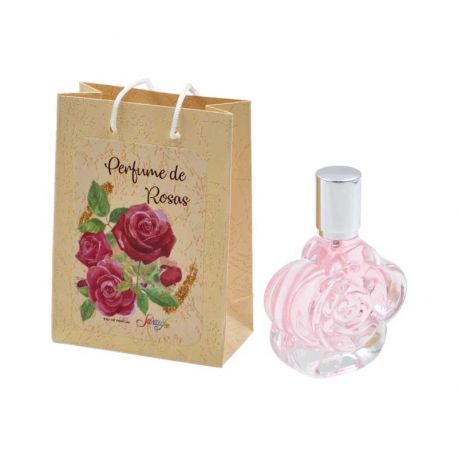 Pack con perfume de rosas, en bote de cristal, y bolsa decorada