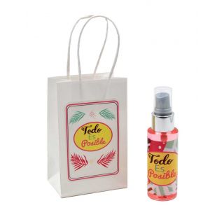 Pack con perfume de rosas, en bote de plástico 50 ml y bolsa decorada