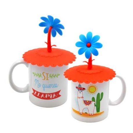 Taza con tapa roja y dibujo de llama (no personalizable)