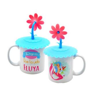 Taza con tapa azul y dibujo de sirena (no personalizable)