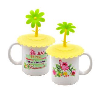 Taza con tapa amarilla y dibujo de flamenco (no personalizable)