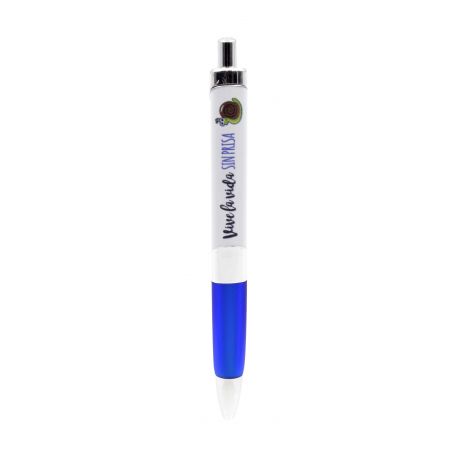 Bolígrafo en azul y blanco con frase -Vive la vida sin prisa