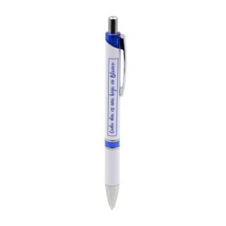 Bolígrafo en azul y blanco con frase -Cada día es una hoja en blanco