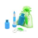 Boli azul bombona butano, y llavero avión en bolsa de organza verde