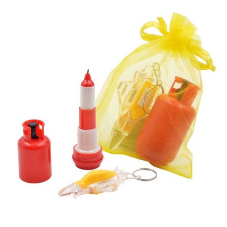 Boli naranja amarilla bombona butano y llavero avión, bolsa de organza