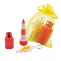 Boli naranja amarilla bombona butano y llavero avión, bolsa de organza