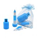 Boli azul bombona butano, y llavero avión en bolsa de organza azul