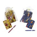 Libreta búho con goma y boli en colores surtidos, en bolsa de organza