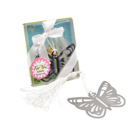6 marcapáginas de mariposa con flecos blancos en caja con lazo