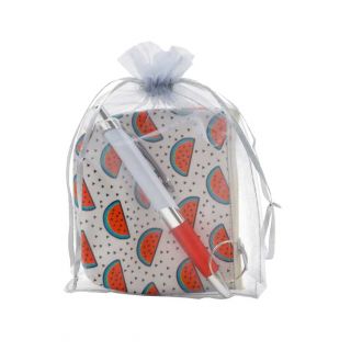 Pack con monedero, bolígrafo y bolsa de organza, con diseño de sandías