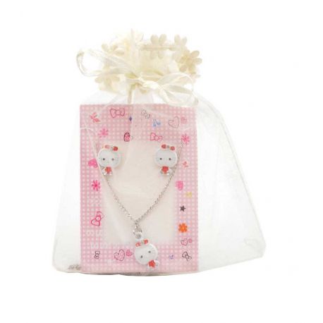 Conjunto de collar y pendientes de Hello Kitty en bolsa de organza rosa