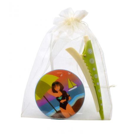 Pack de espejo, con pinza-boli en verde y bolsa de organza
