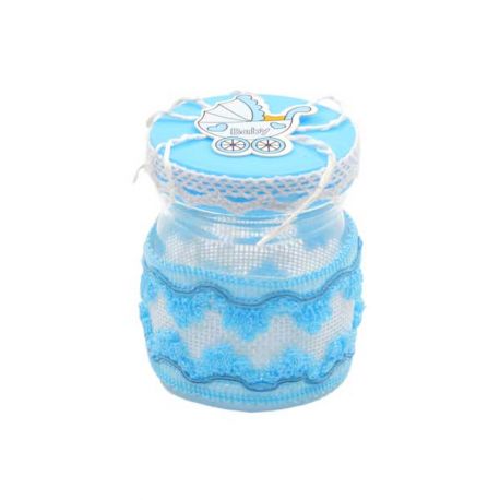 12 tarros de bebé niño en azul, 7x6 cm, con decoración en encaje