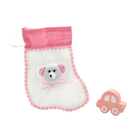 Bolsa de tela con forma de patuco, y jabón de coche, en rosas