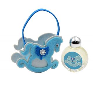 Perfume de jazmín con bolsa de fieltro y asa. Diseño de caballito azul