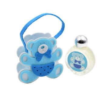 Perfume de jazmín con bolsa de fieltro y asa. Diseño de osito azul