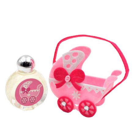 Perfume de jazmín con bolsa de fieltro y asa. Diseño de cochecito rosa