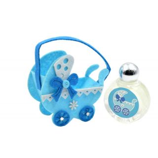 Perfume de jazmín con bolsa de fieltro y asa. Diseño de cochecito azul