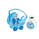 Perfume de jazmín con bolsa de fieltro y asa. Diseño de cochecito azul