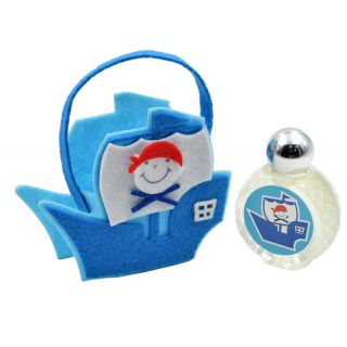 Perfume de jazmín con bolsa de fieltro y asa. Diseño de barquito azul
